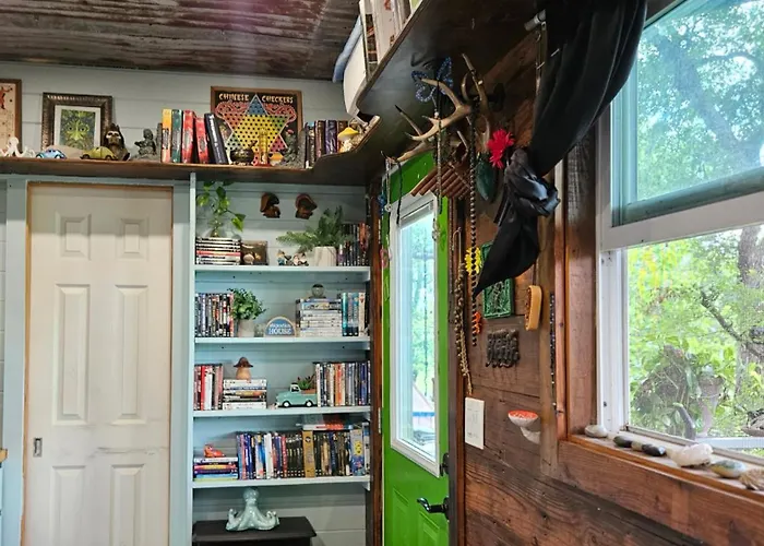 Pickles Place Is A Stacked Container Home In The Texas Hill Country This Space Is Surrounded By Giant Elm Trees Lush Greenery Across The Street From The San Gabriel River One Double Bed Full Size Shower & Full Kitchen Plus Bbq Pit & Flategrill